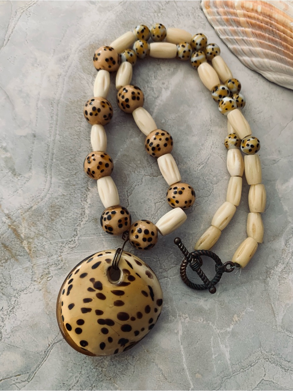 Dichroic Glass and Bone Bead Handcrafted Cream and Brown Speckled Necklace